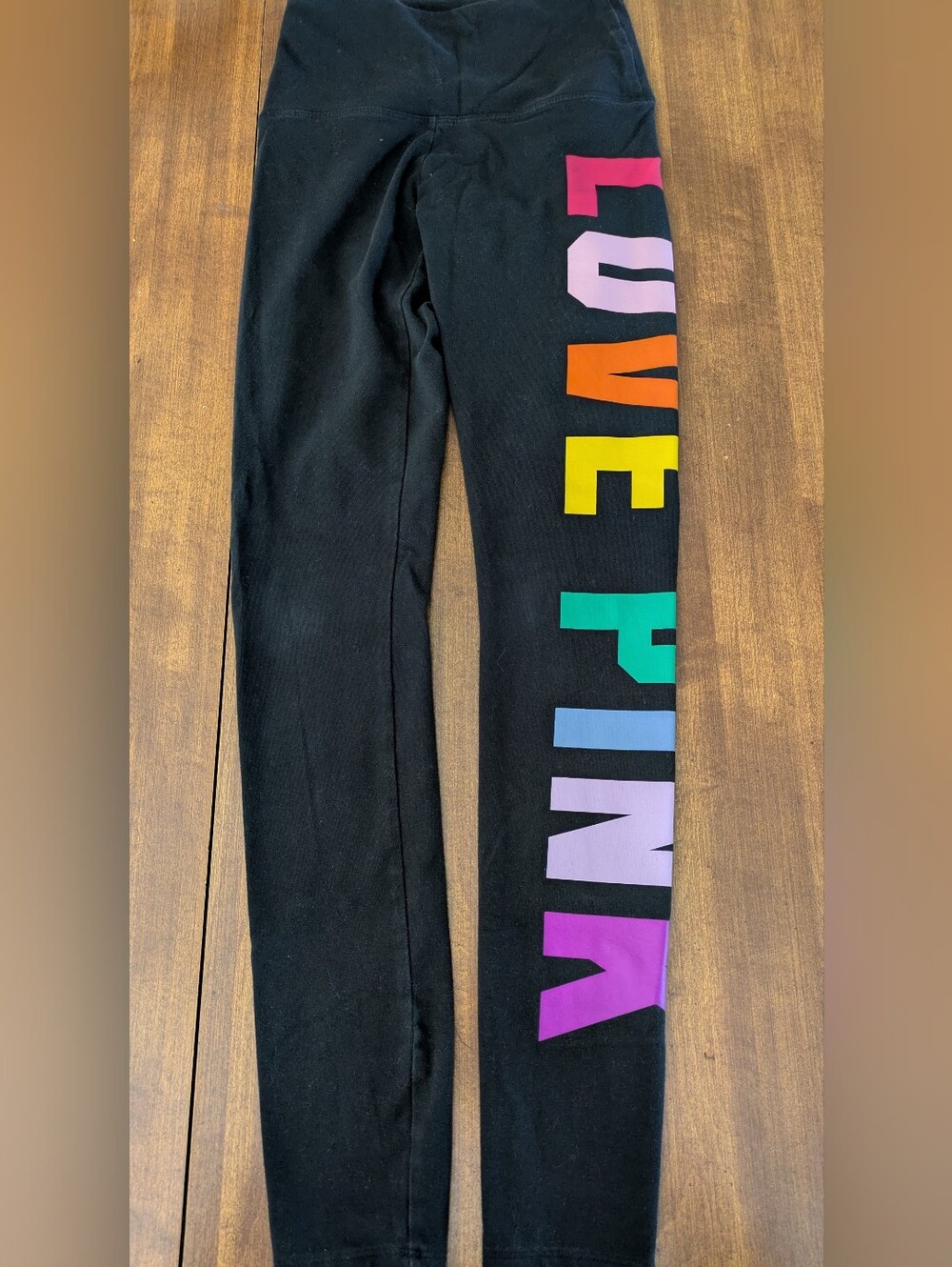 Pink Victoria's Secret Black Leggings With Rainbow Logo On Leg LOVE PINK